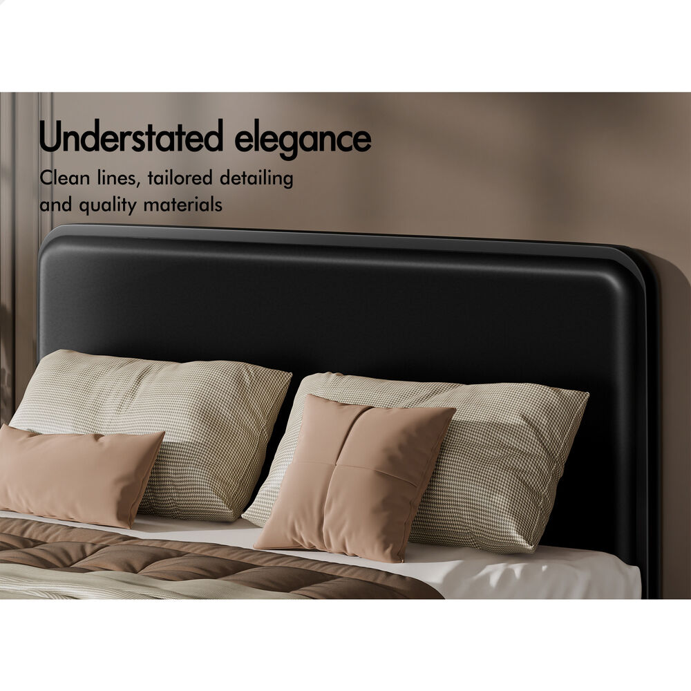ALFORDSON Metal Bed Frame Double Size Upholstered Headboard Black Leather MADGE