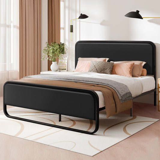 ALFORDSON Metal Bed Frame Queen Size Upholstered Headboard Black Leather MADGE
