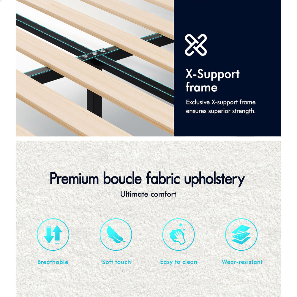 ALFORDSON Bed Frame Double Size Wooden Slats Platform Boucle White Paula