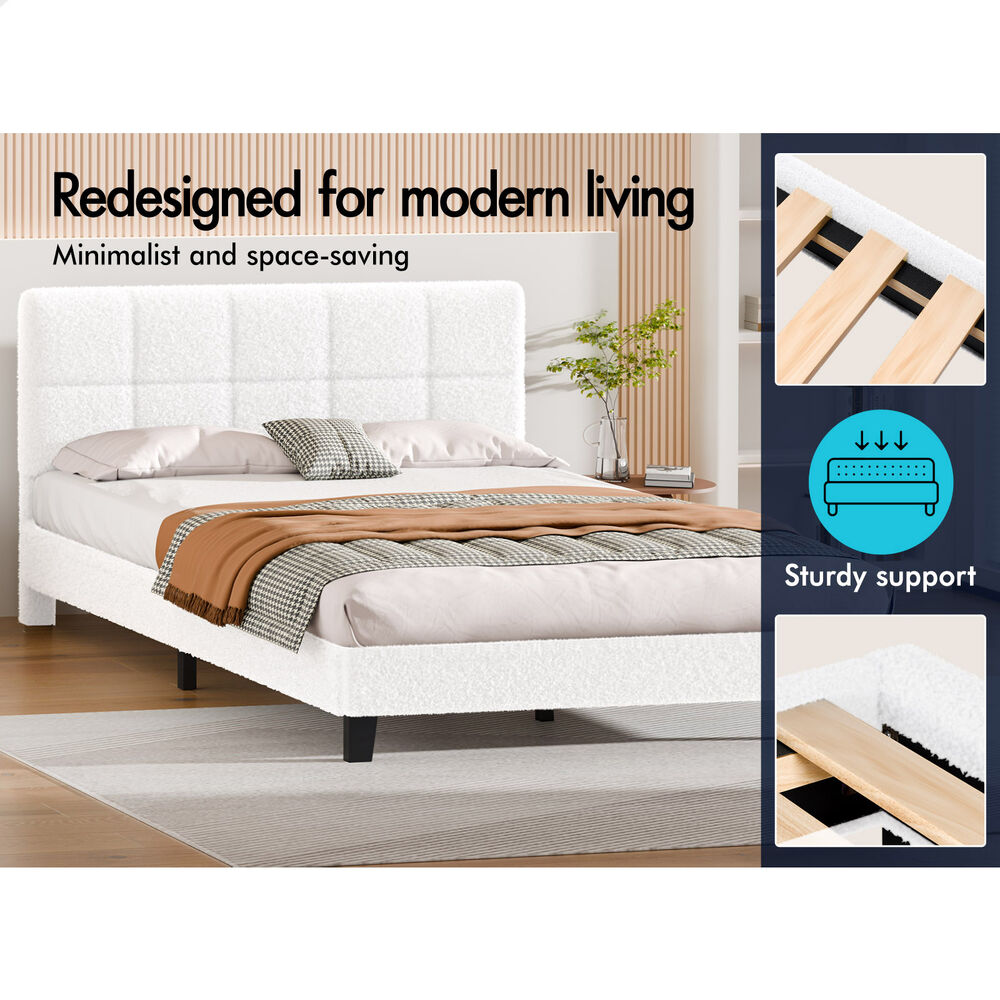 ALFORDSON Bed Frame Double Size Wooden Slats Platform Boucle White Paula