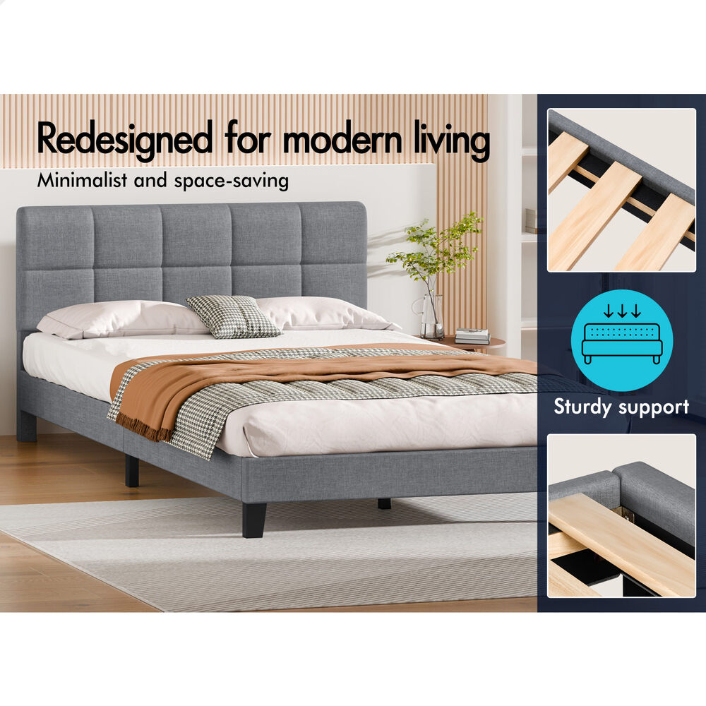 ALFORDSON Bed Frame Double Size Wooden Slats Platform Fabric Grey Paula
