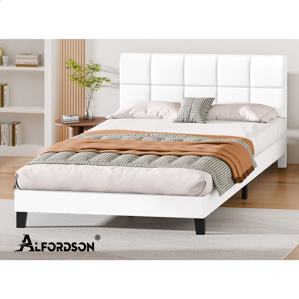 ALFORDSON Bed Frame Double Size Wooden Slats Platform Leather White Paula
