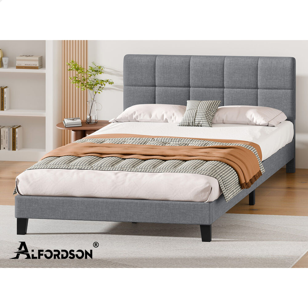 ALFORDSON Bed Frame King Size Wooden Slats Platform Fabric Grey Paula