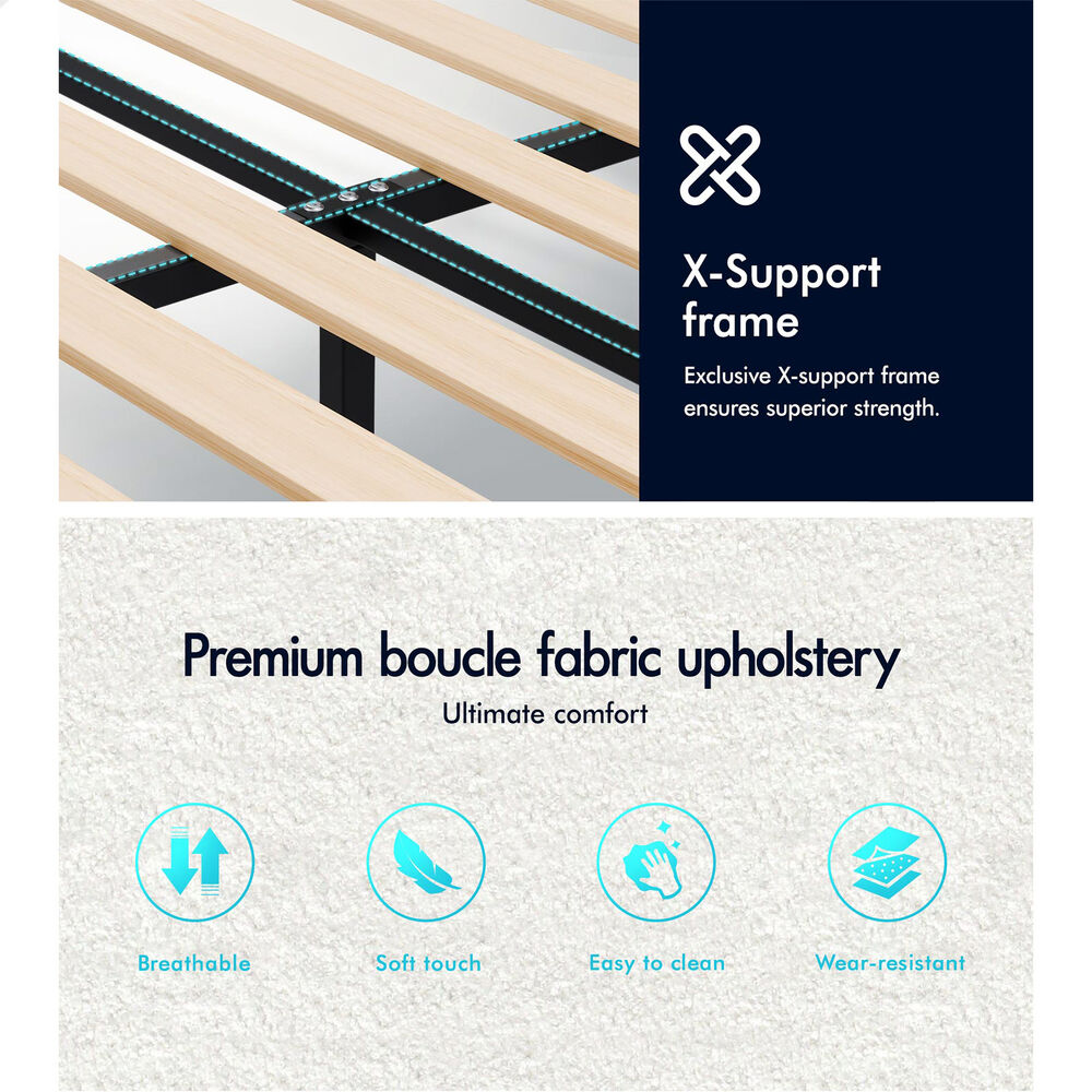 ALFORDSON Bed Frame King Single Wooden Slats Platform Boucle White Paula