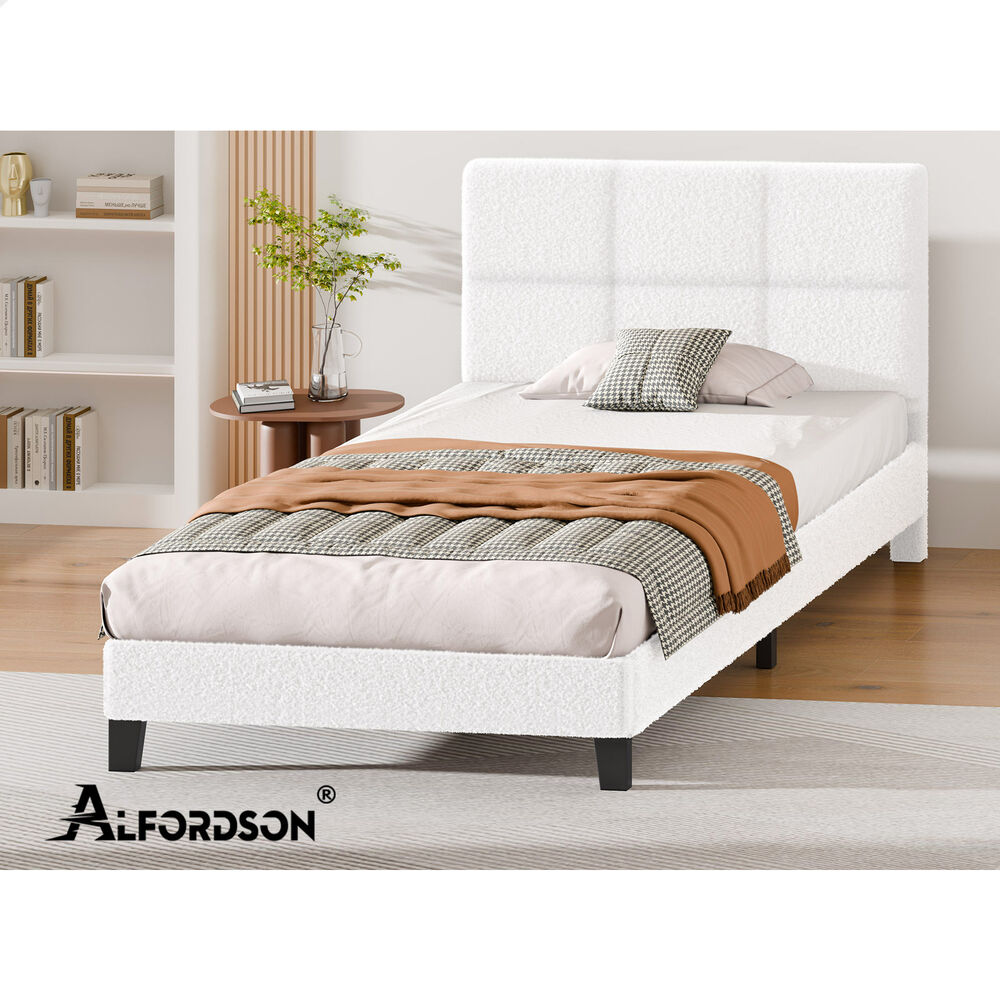 ALFORDSON Bed Frame King Single Wooden Slats Platform Boucle White Paula