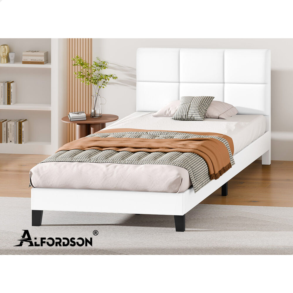 ALFORDSON Bed Frame King Single Wooden Slats Platform Leather White Paula