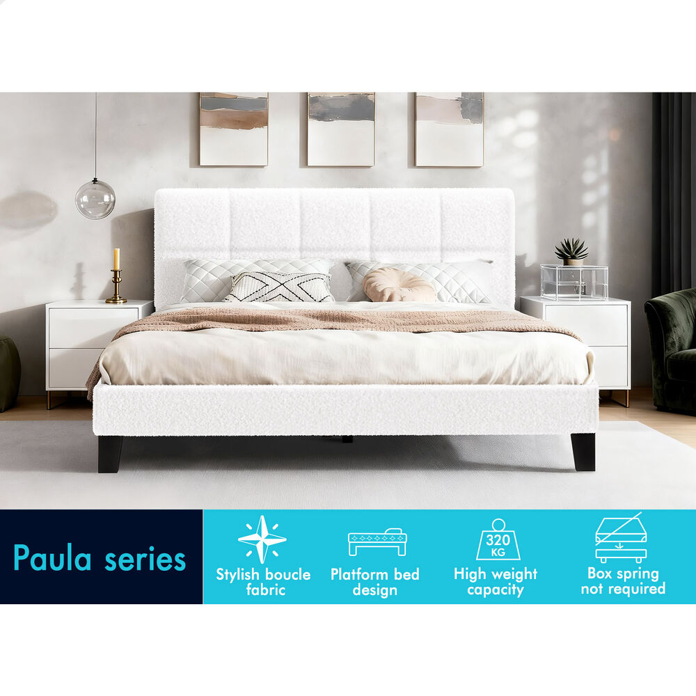 ALFORDSON Bed Frame Queen Size Wooden Slats Platform Boucle White Paula