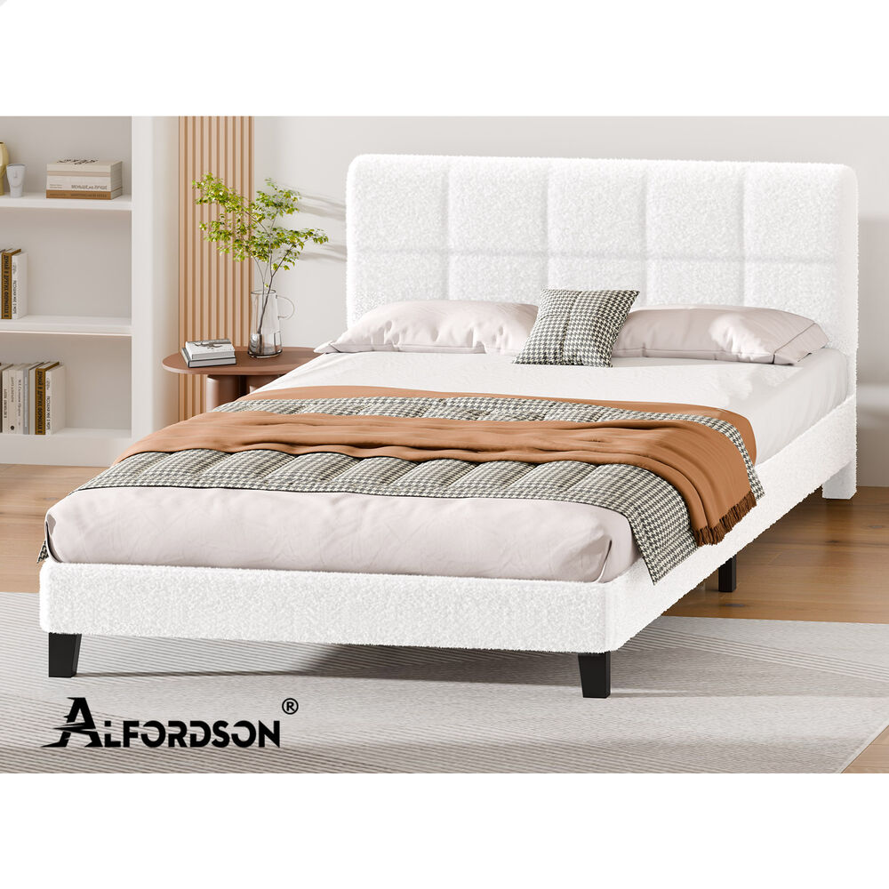 ALFORDSON Bed Frame Queen Size Wooden Slats Platform Boucle White Paula