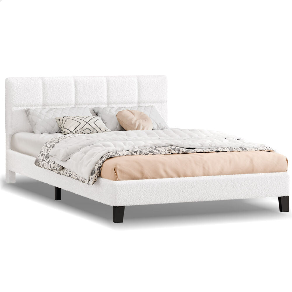 ALFORDSON Bed Frame Queen Size Wooden Slats Platform Boucle White Paula