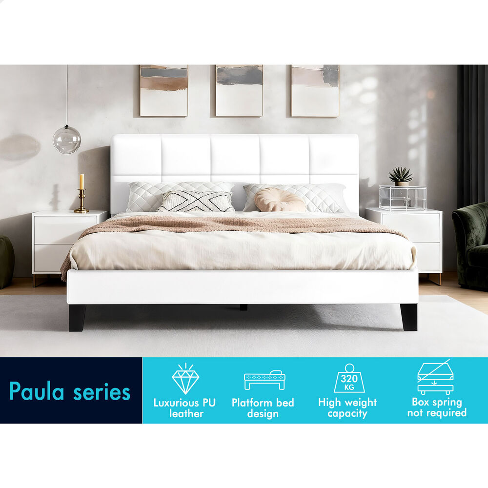 ALFORDSON Bed Frame Queen Size Wooden Slats Platform Leather White Paula