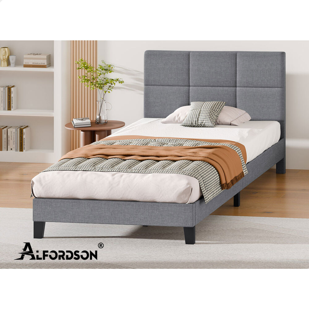 ALFORDSON Bed Frame Single Size Wooden Slats Platform Fabric Grey Paula