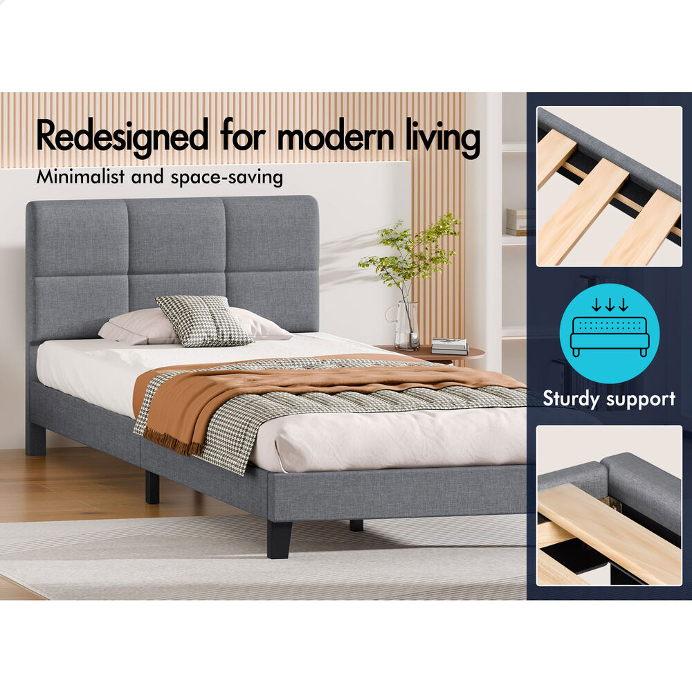 ALFORDSON Bed Frame Single Size Wooden Slats Platform Fabric Grey Paula