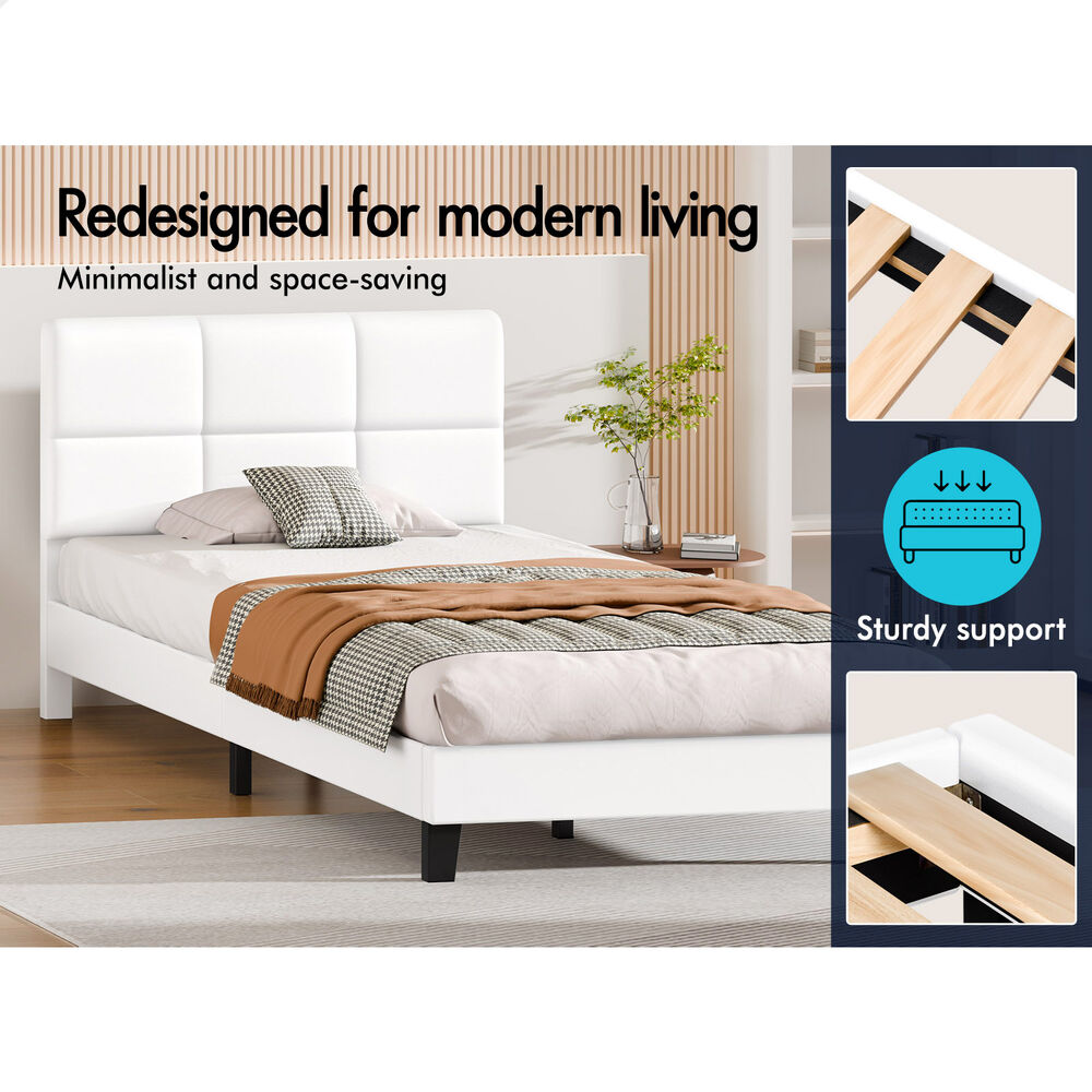ALFORDSON Bed Frame Single Size Wooden Slats Platform Leather White Paula