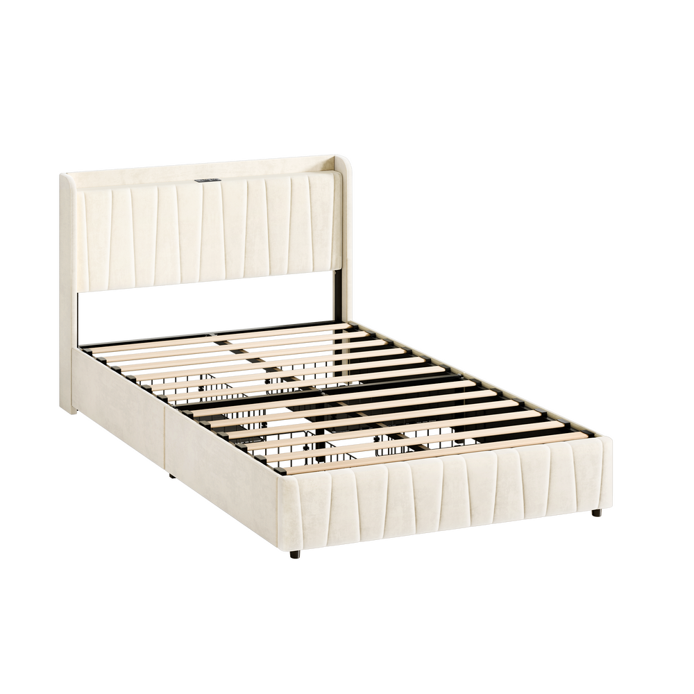 ALFORDSON Bed Frame Double Size 4 Storage Drawers Charging Station Velvet Beige