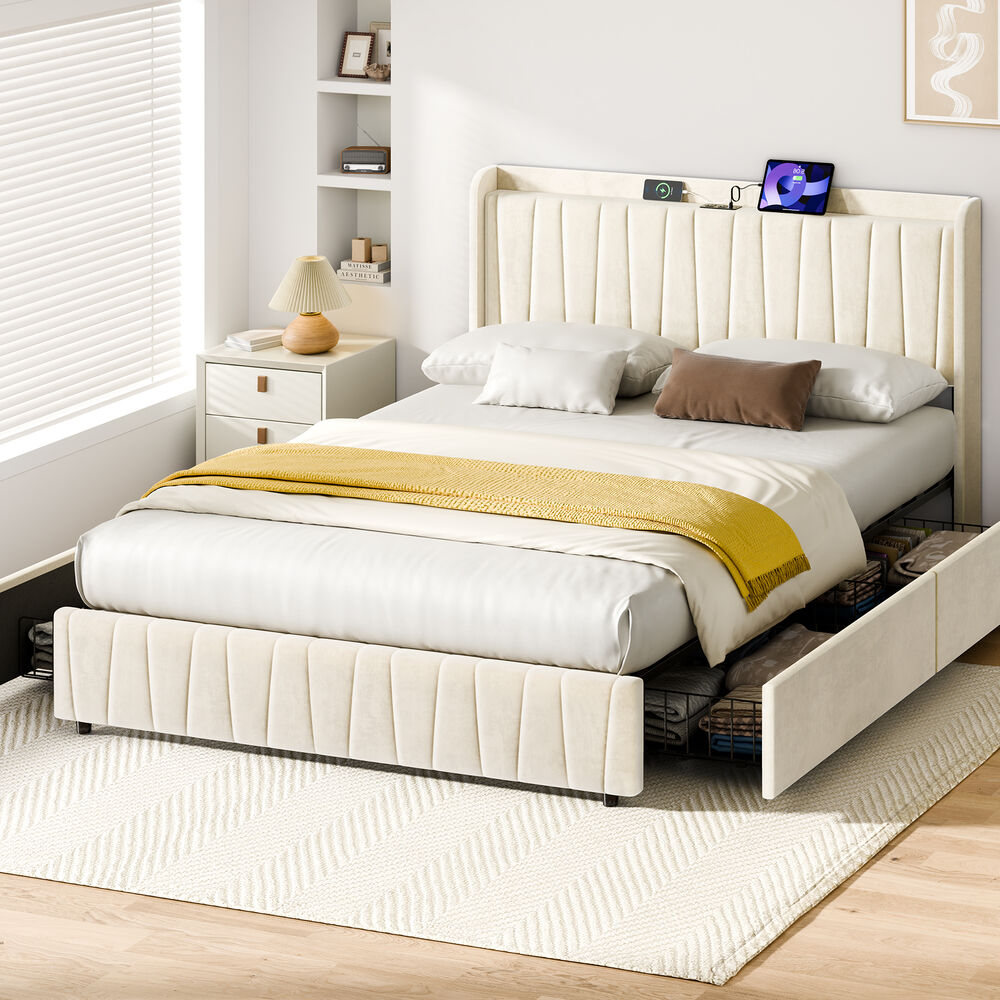 ALFORDSON Bed Frame Double Size 4 Storage Drawers Charging Station Velvet Beige