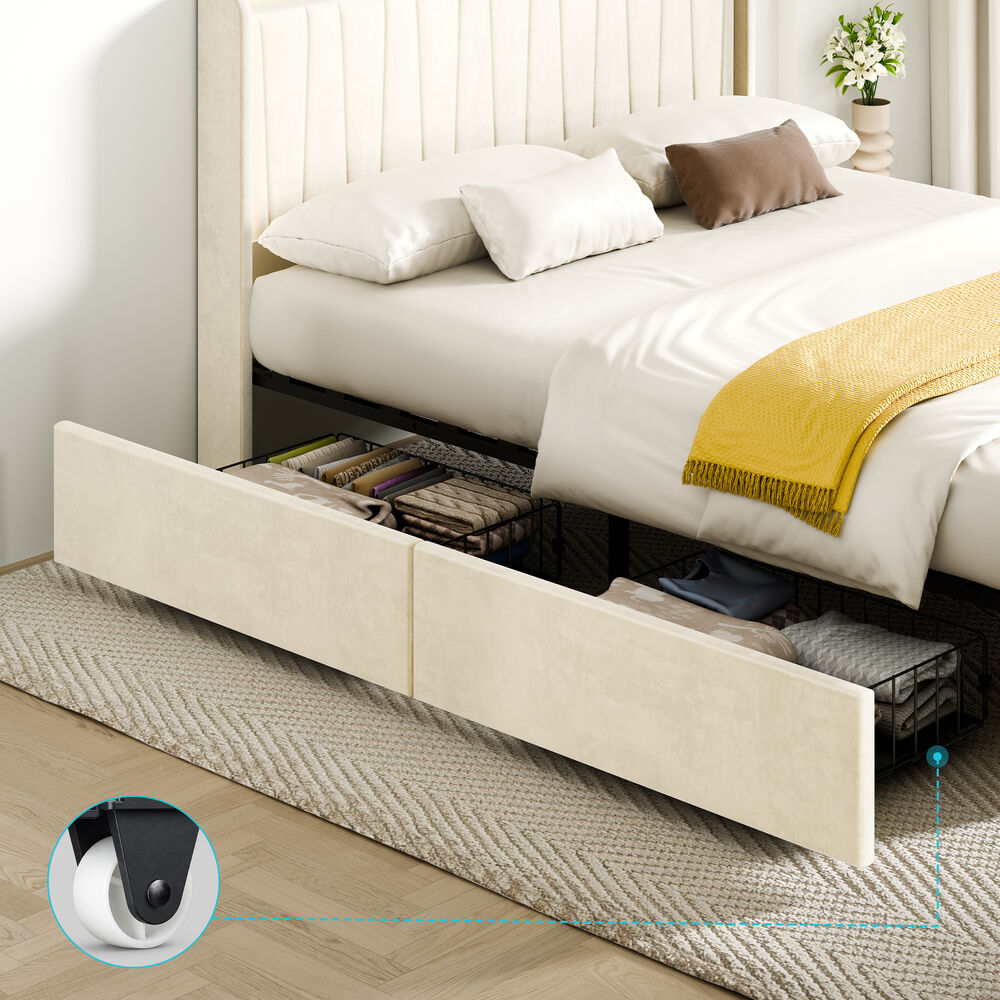 ALFORDSON Bed Frame Double Size 4 Storage Drawers Charging Station Velvet Beige