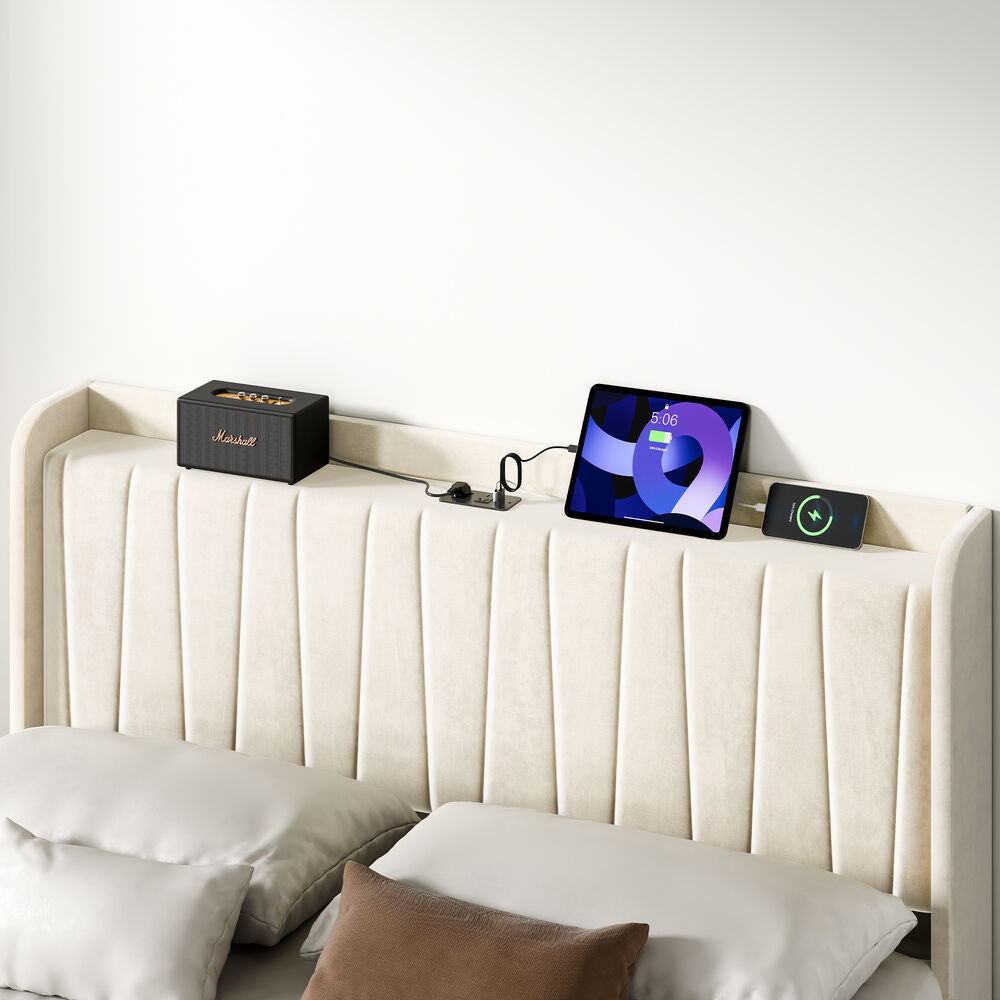 ALFORDSON Bed Frame Double Size 4 Storage Drawers Charging Station Velvet Beige