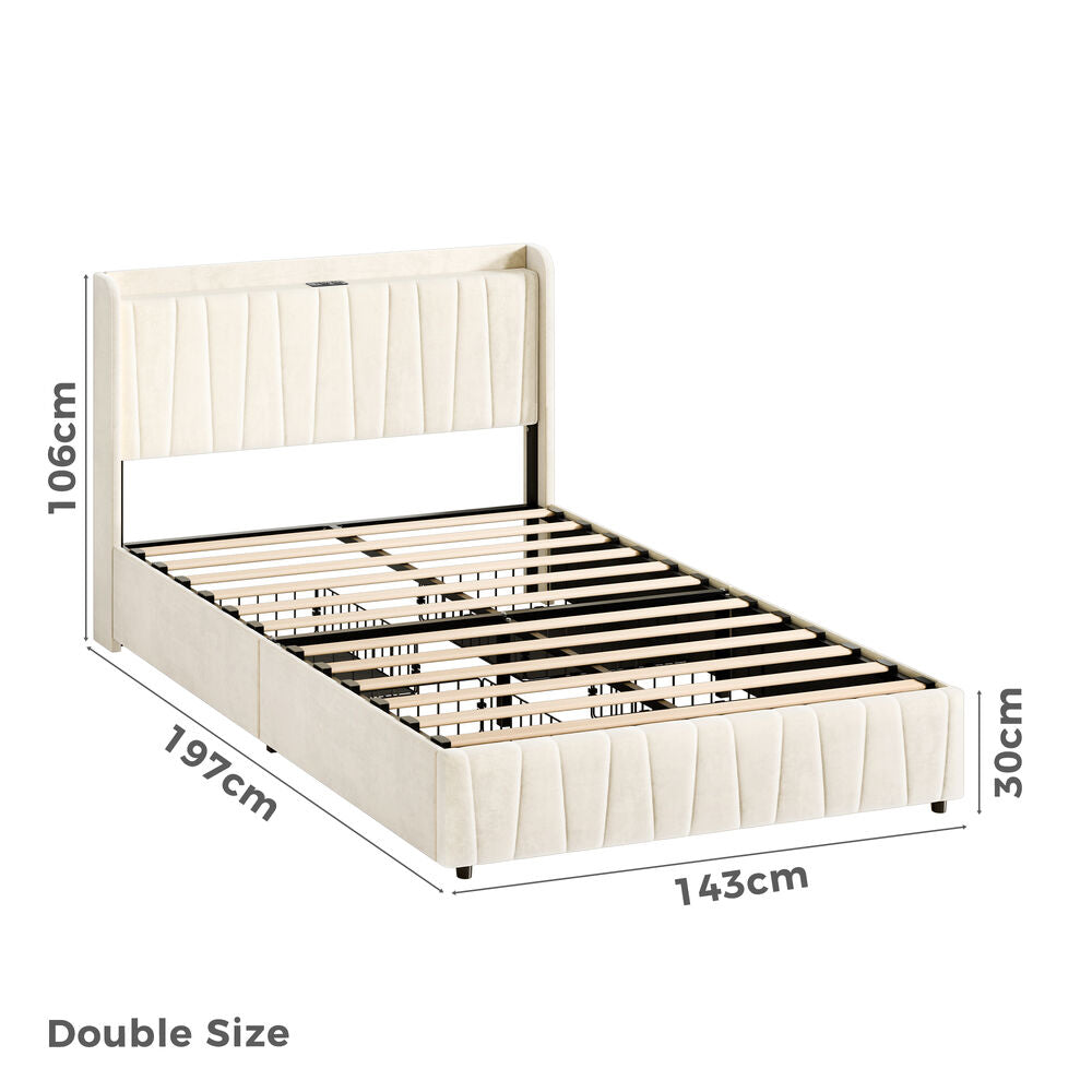 ALFORDSON Bed Frame Double Size 4 Storage Drawers Charging Station Velvet Beige