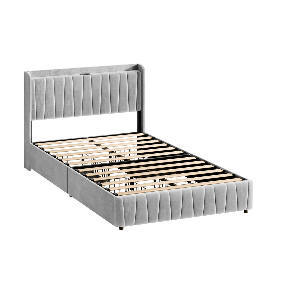 ALFORDSON Bed Frame Double Size 4 Storage Drawers Charging Station Velvet Grey