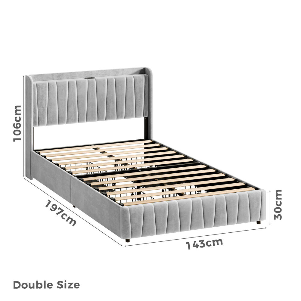 ALFORDSON Bed Frame Double Size 4 Storage Drawers Charging Station Velvet Grey