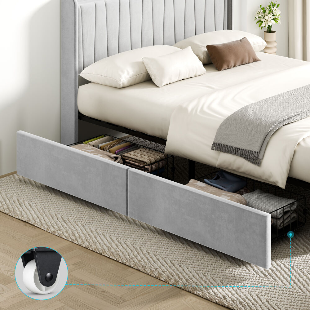 ALFORDSON Bed Frame Double Size 4 Storage Drawers Charging Station Velvet Grey