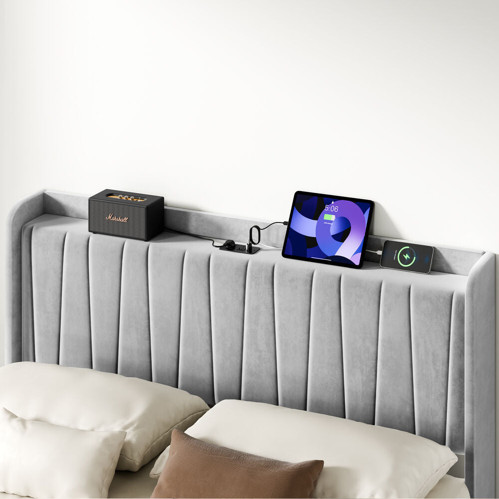 ALFORDSON Bed Frame Double Size 4 Storage Drawers Charging Station Velvet Grey