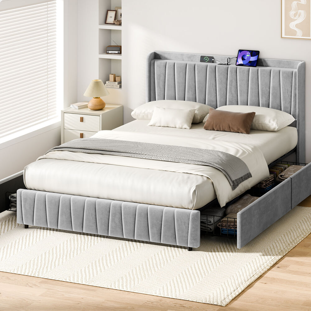 ALFORDSON Bed Frame Double Size 4 Storage Drawers Charging Station Velvet Grey