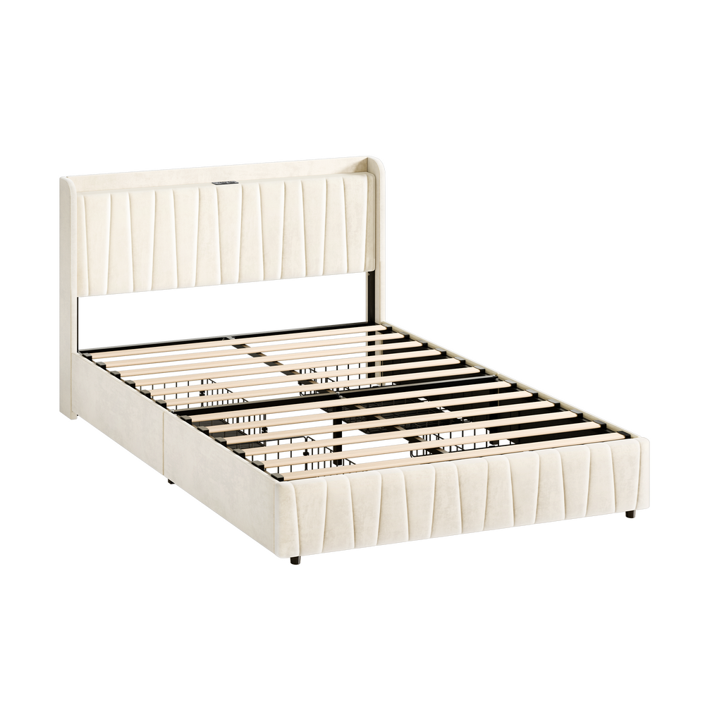 ALFORDSON Bed Frame Queen Size 4 Storage Drawers Charging Station Velvet Beige