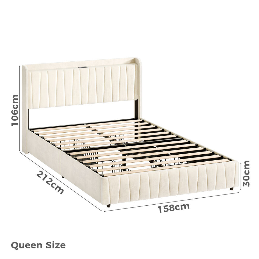 ALFORDSON Bed Frame Queen Size 4 Storage Drawers Charging Station Velvet Beige