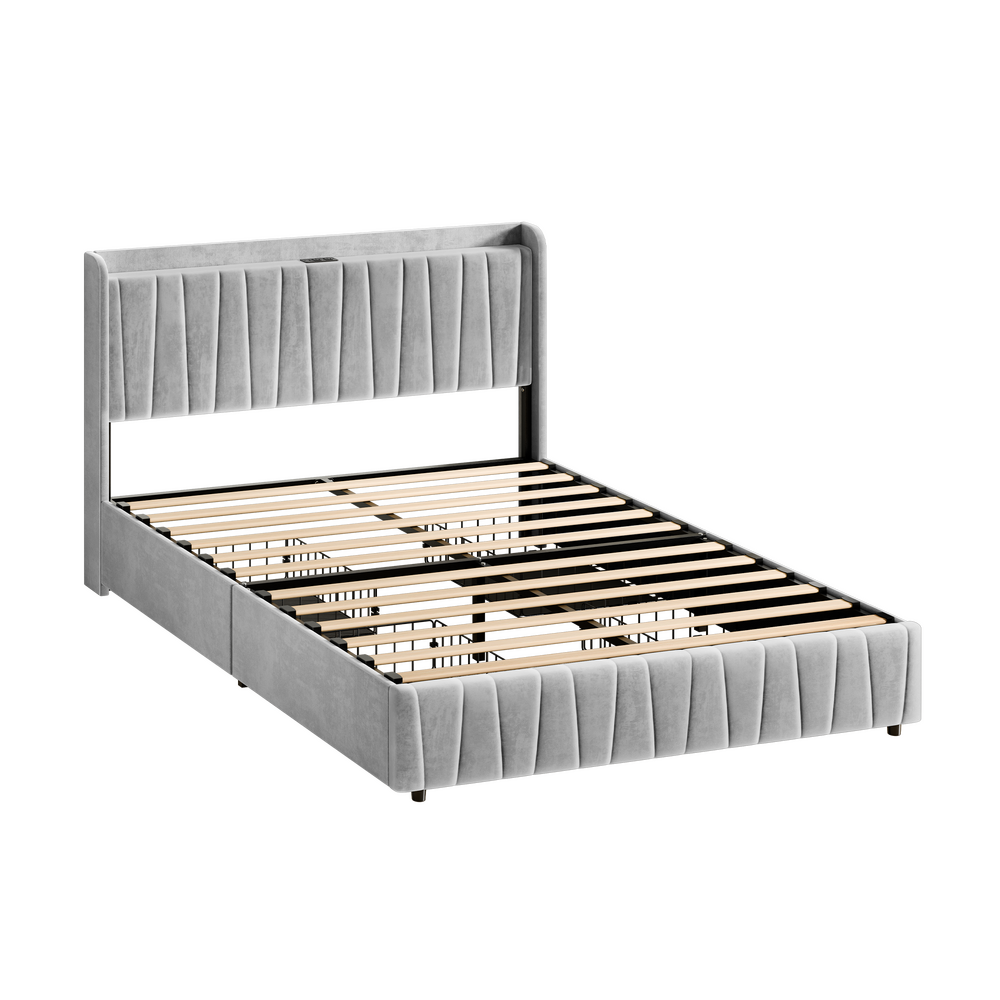 ALFORDSON Bed Frame Queen Size 4 Storage Drawers Charging Station Velvet Grey