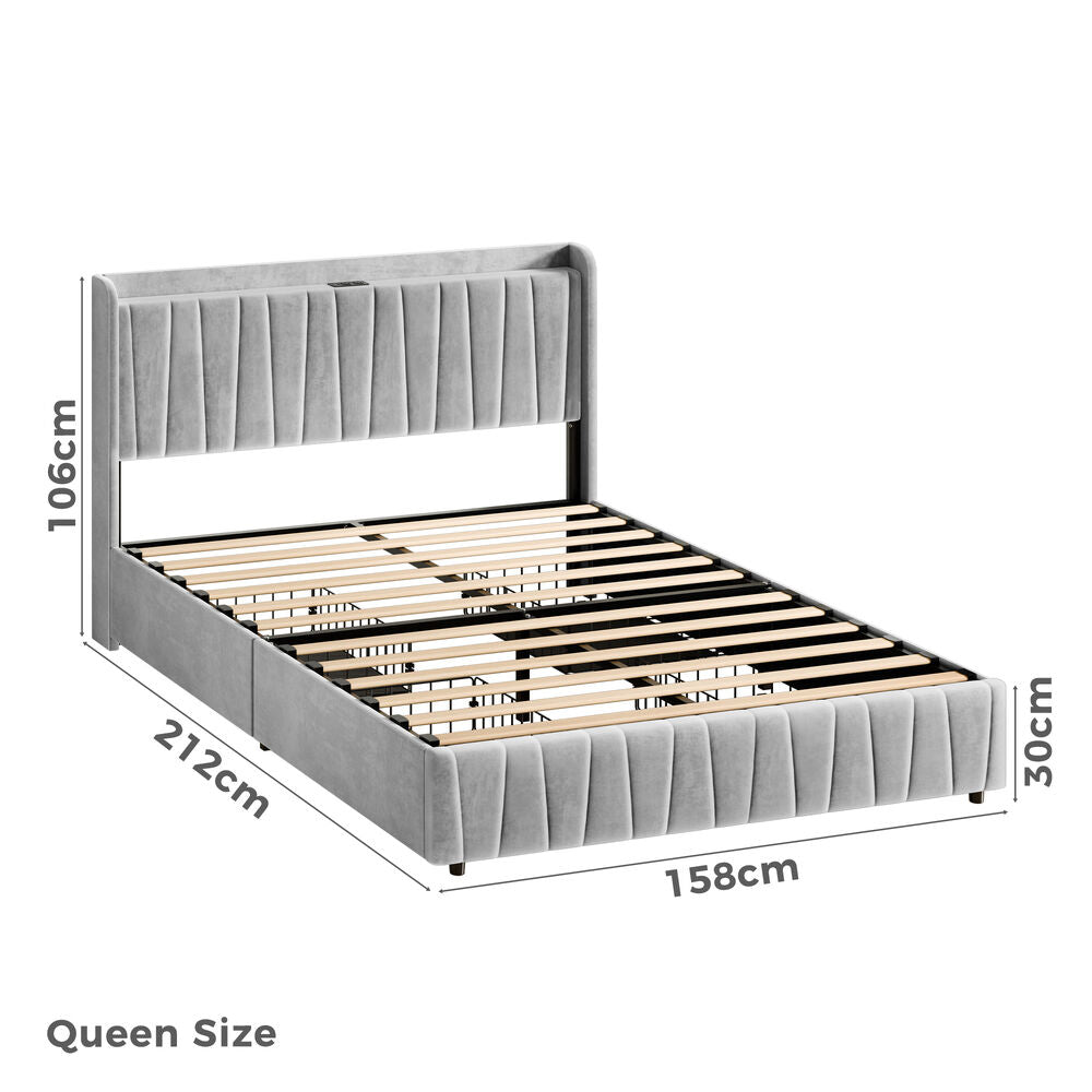 ALFORDSON Bed Frame Queen Size 4 Storage Drawers Charging Station Velvet Grey
