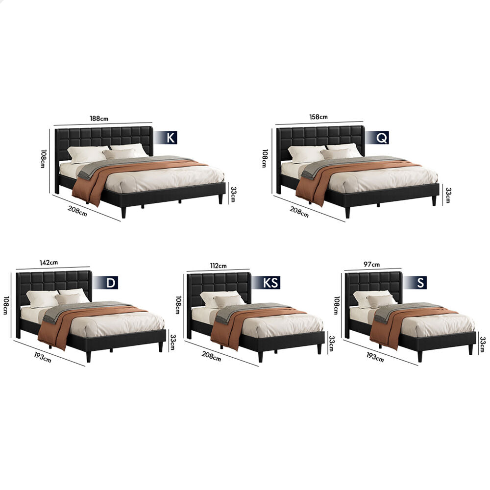 ALFORDSON Bed Frame Double Size Upholstered Wingback Base Black Leather SARAH