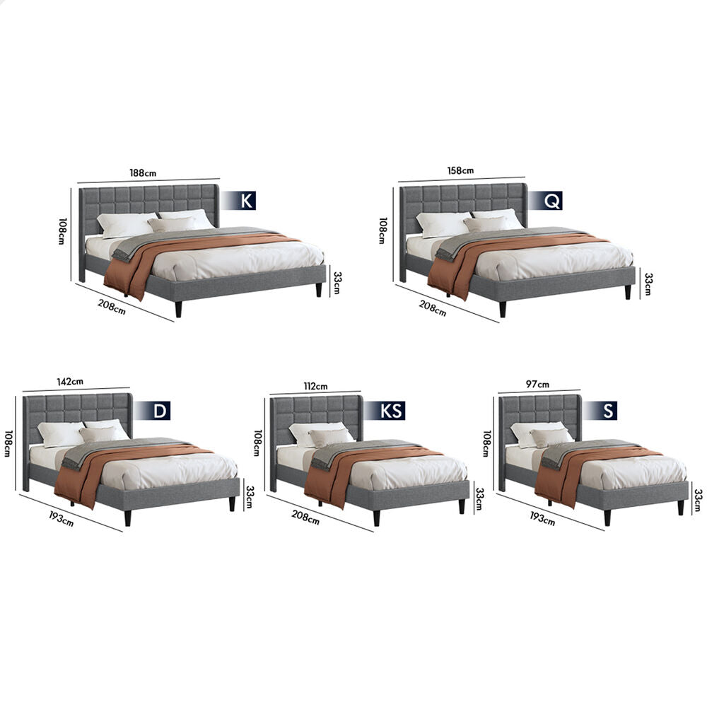 ALFORDSON Bed Frame Double Size Upholstered Wingback Base Wood Fabric Grey SARAH