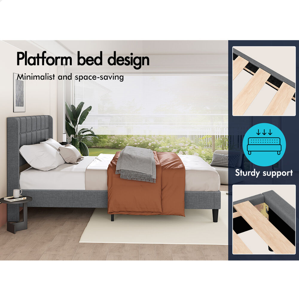 ALFORDSON Bed Frame Double Size Upholstered Wingback Base Wood Fabric Grey SARAH