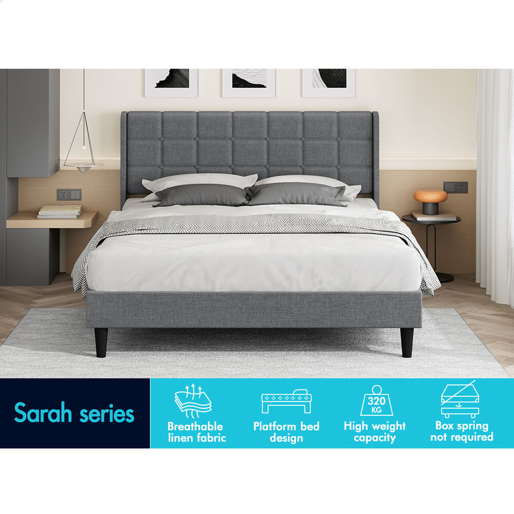 ALFORDSON Bed Frame King Size Upholstered Wingback Base Wood Fabric Grey SARAH