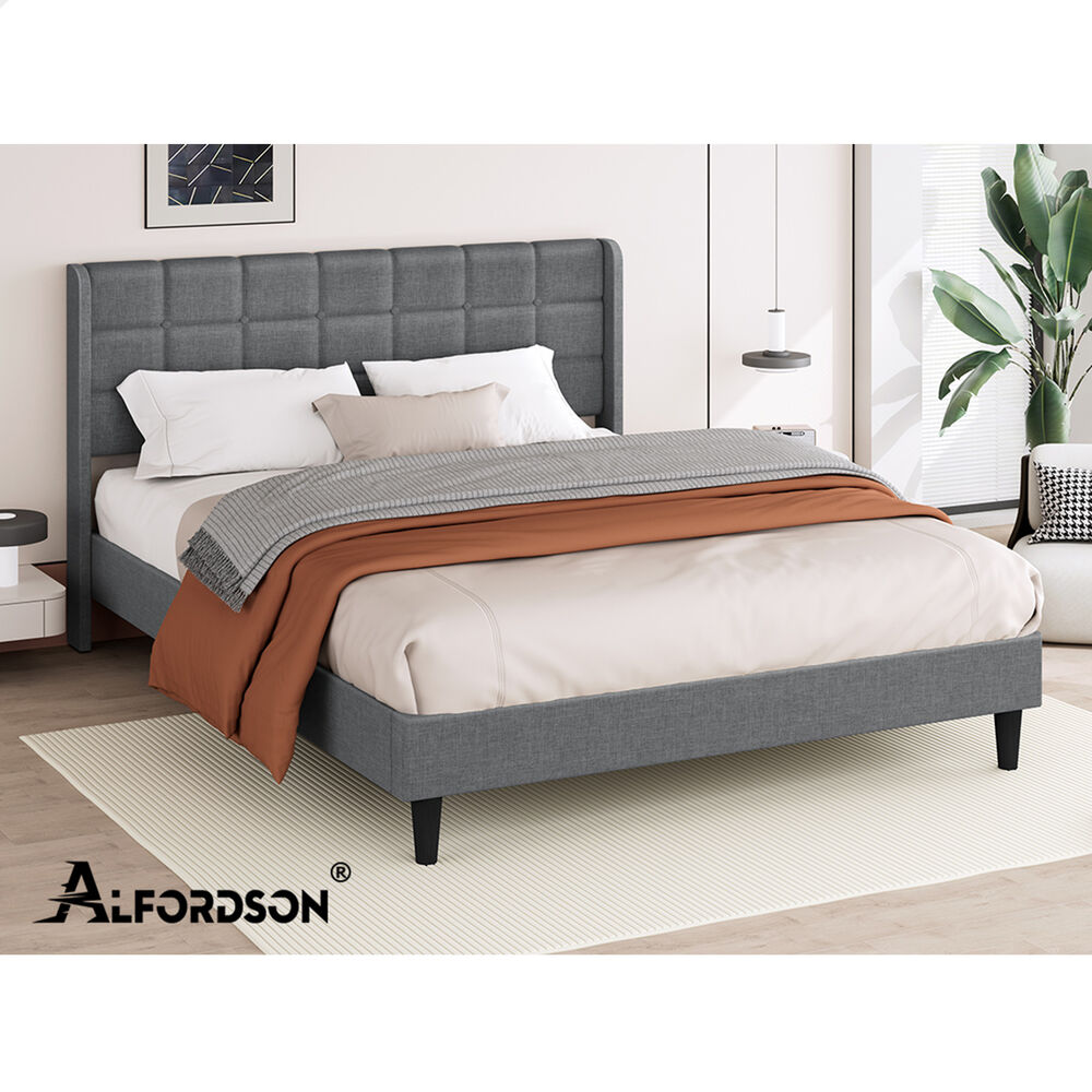 ALFORDSON Bed Frame Queen Size Upholstered Wingback Base Wood Fabric Grey SARAH