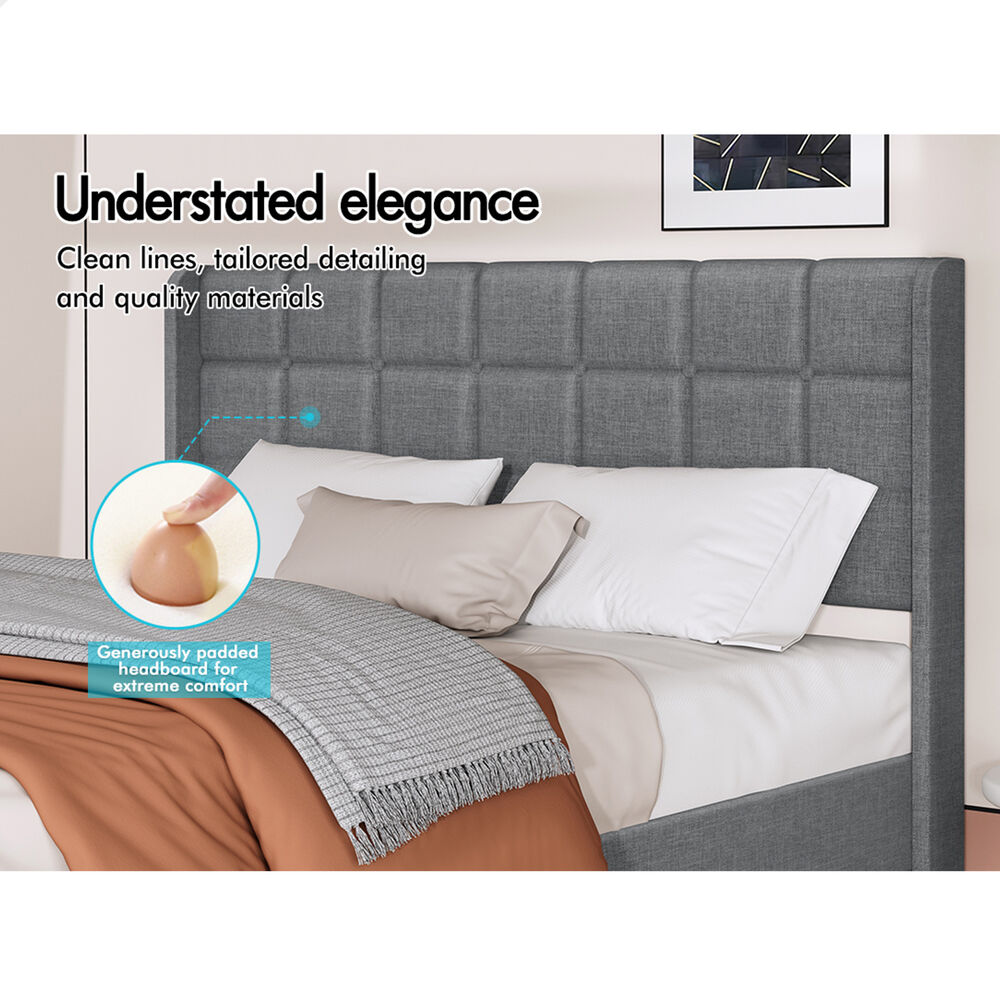 ALFORDSON Bed Frame Queen Size Upholstered Wingback Base Wood Fabric Grey SARAH