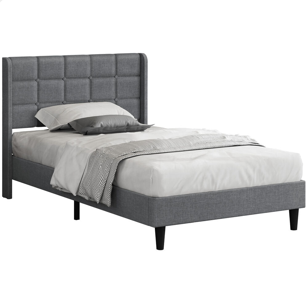 ALFORDSON Bed Frame Single Size Upholstered Wingback Base Wood Fabric Grey SARAH