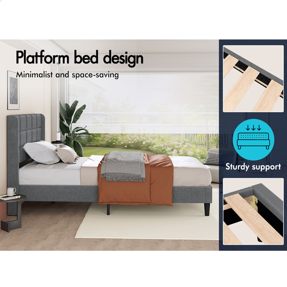 ALFORDSON Bed Frame Single Size Upholstered Wingback Base Wood Fabric Grey SARAH