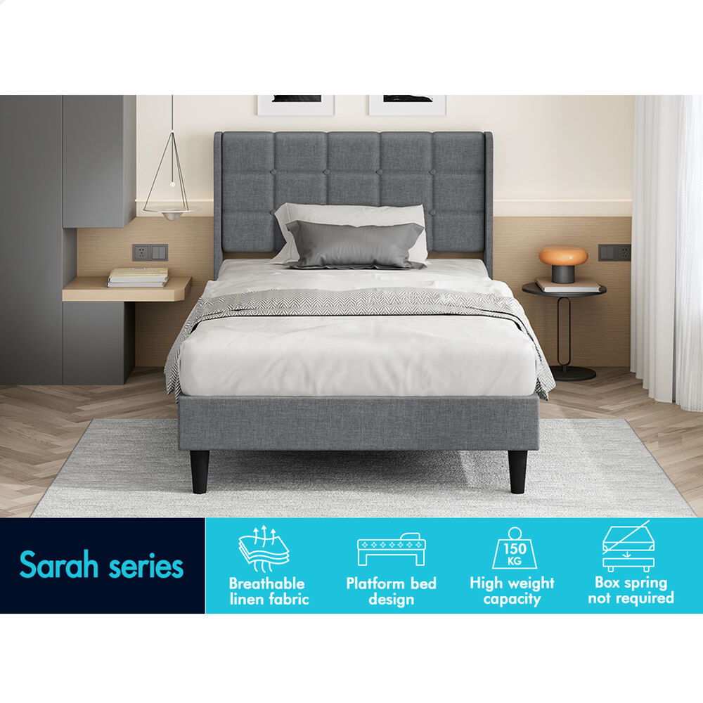 ALFORDSON Bed Frame Single Size Upholstered Wingback Base Wood Fabric Grey SARAH