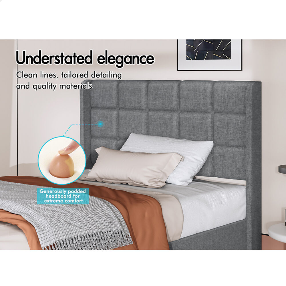 ALFORDSON Bed Frame Single Size Upholstered Wingback Base Wood Fabric Grey SARAH