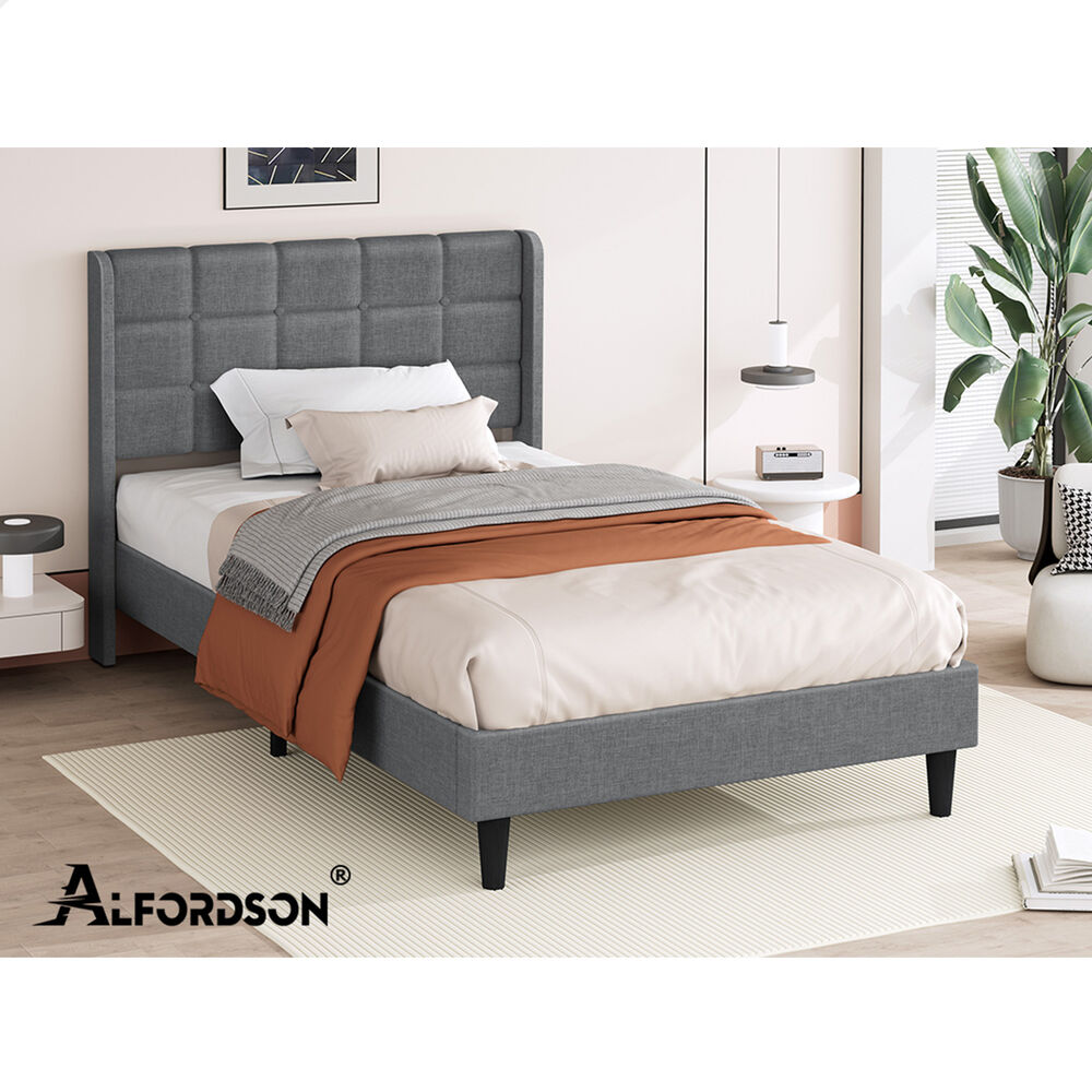 ALFORDSON Bed Frame Single Size Upholstered Wingback Base Wood Fabric Grey SARAH