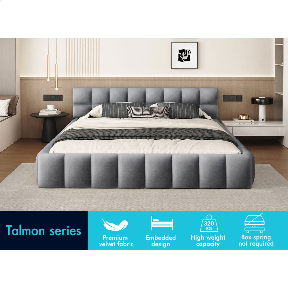 ALFORDSON Bed Frame King Size Tufted Headboard Foundation Grey Velvet TALMON