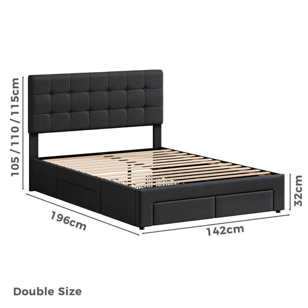 ALFORDSON Bed Frame Double Size 4 Storage Drawers Adjustable Headboard Charcoal