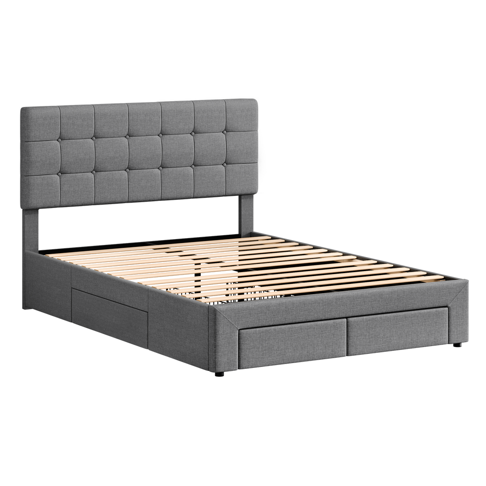 ALFORDSON Bed Frame Double Size 4 Storage Drawers Adjustable Headboard Grey