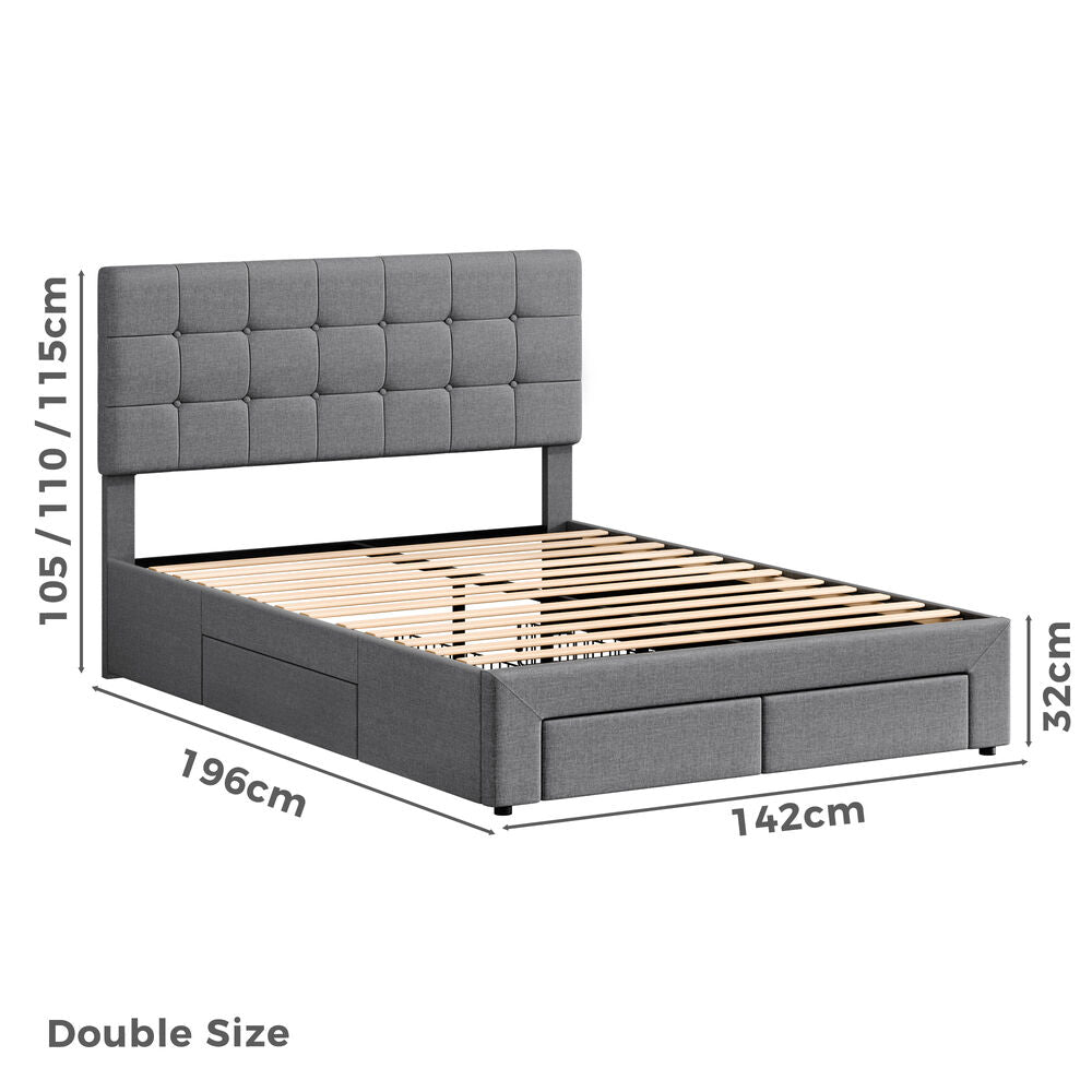 ALFORDSON Bed Frame Double Size 4 Storage Drawers Adjustable Headboard Grey
