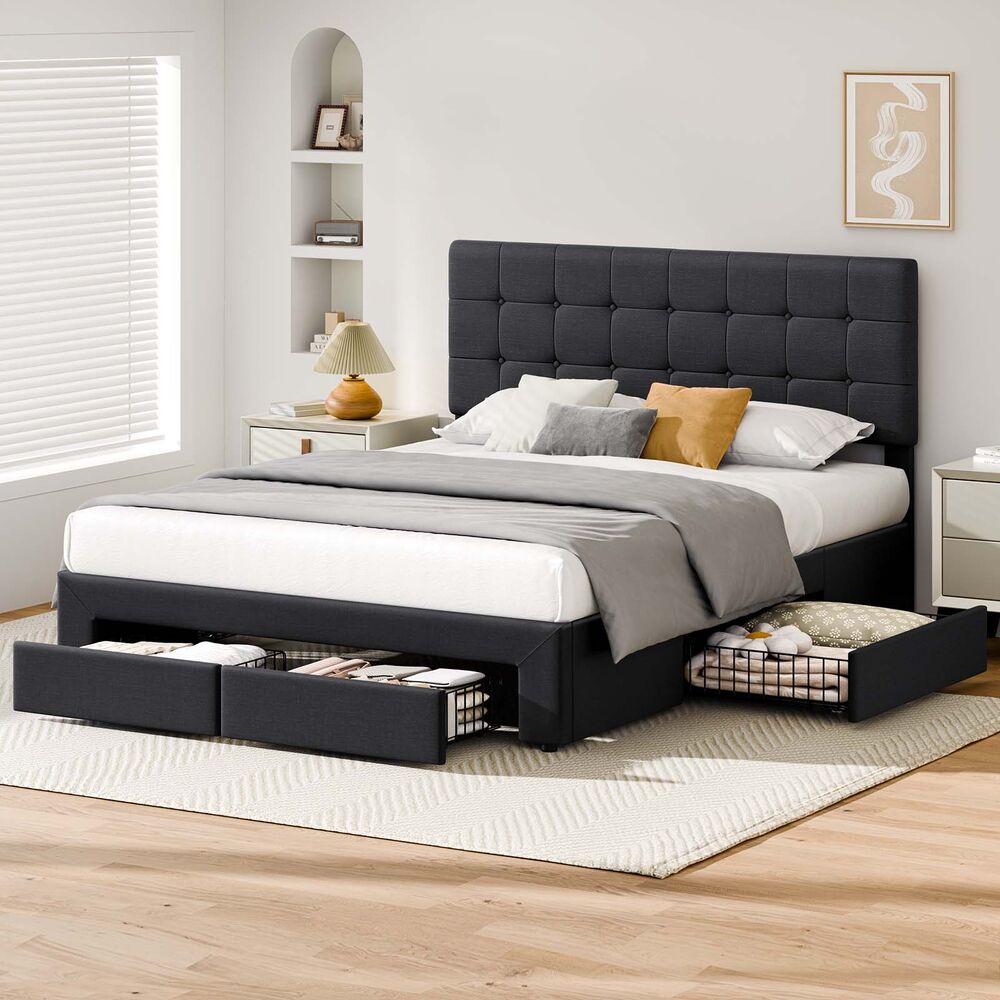 ALFORDSON Bed Frame King Size 4 Storage Drawers Adjustable Headboard Charcoal