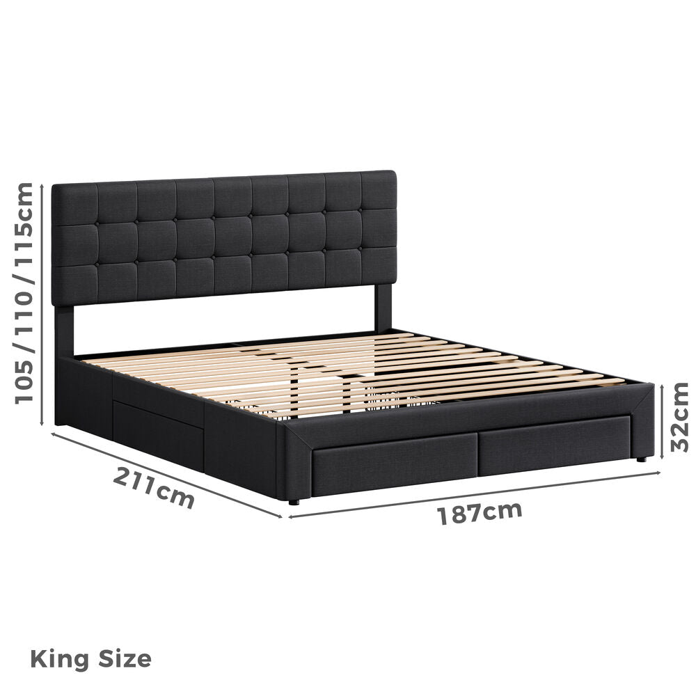 ALFORDSON Bed Frame King Size 4 Storage Drawers Adjustable Headboard Charcoal