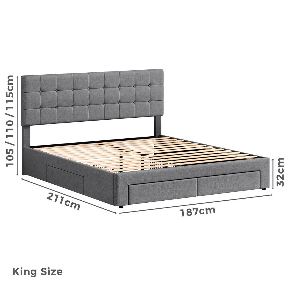 ALFORDSON Bed Frame King Size 4 Storage Drawers Adjustable Headboard Grey