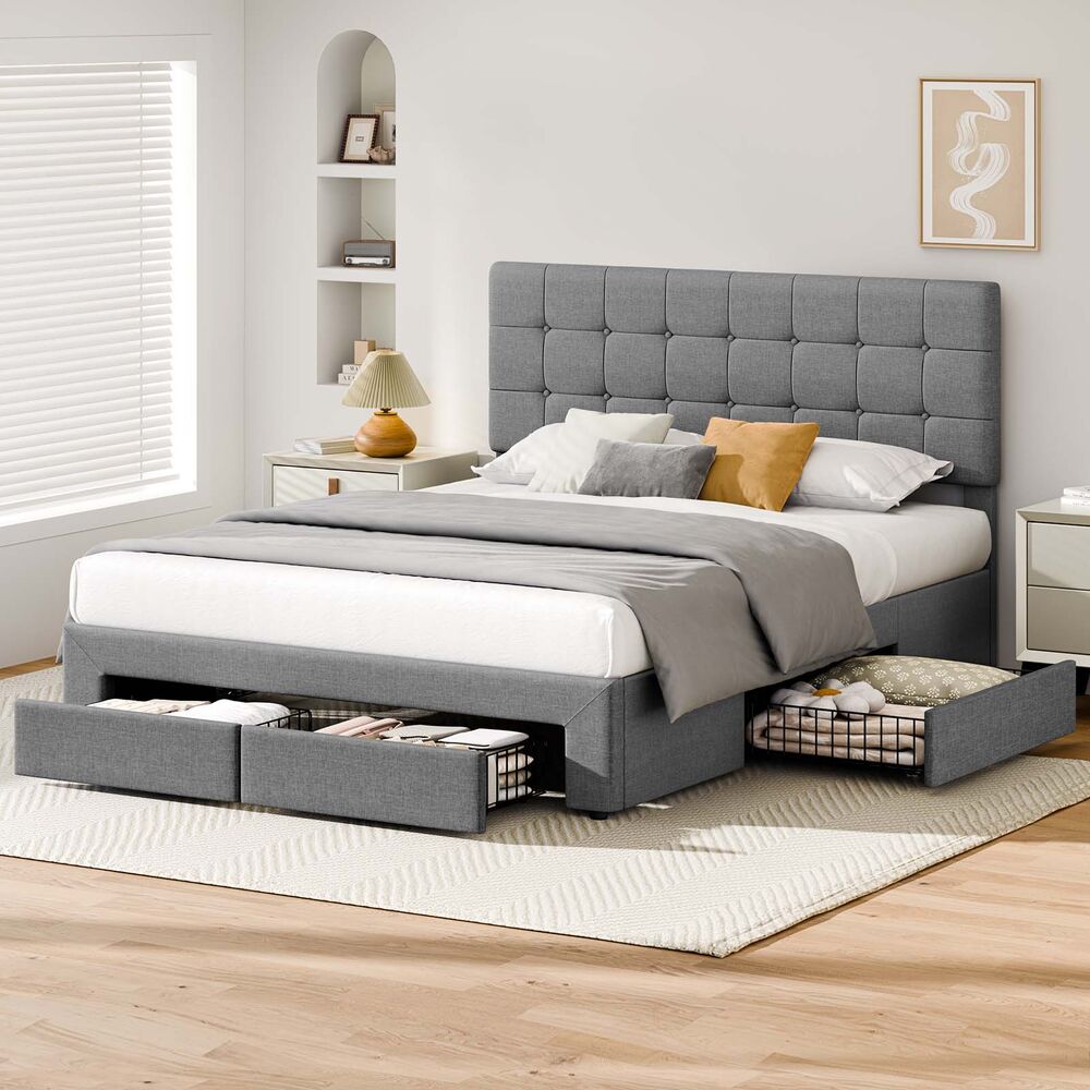 ALFORDSON Bed Frame King Size 4 Storage Drawers Adjustable Headboard Grey